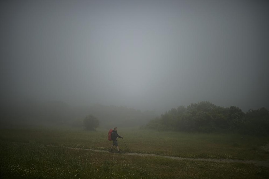 A walker is dimly seen through mist.