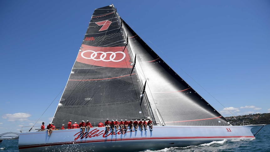 Wild Oats XI is seen ahead of the start of the CYCA SOLAS Big Boat Challenge.