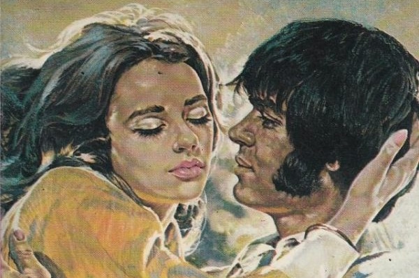 Vintage book cover, a man and a woman hold each other