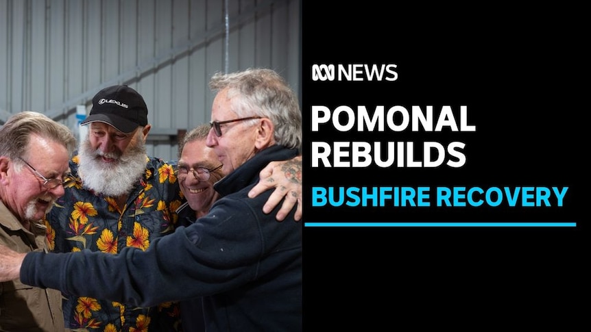 Pomonal Rebuilds, Bushfire Recovery: A group of men gather in a circle with arms around each other.