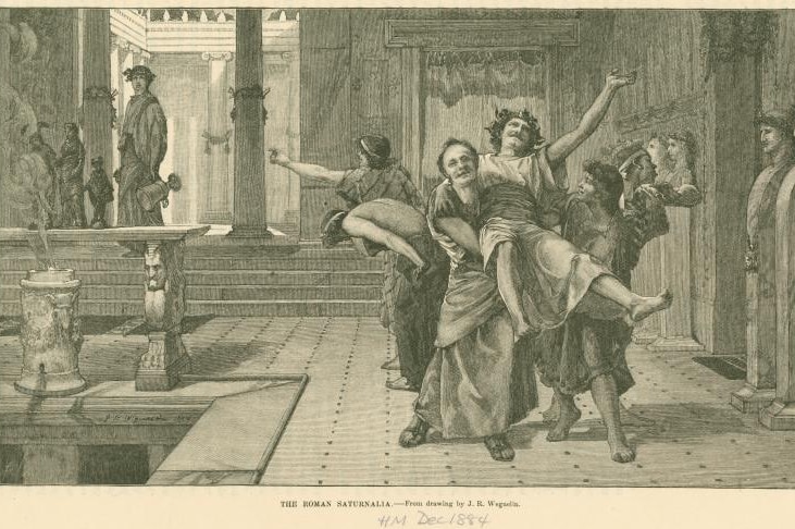 A black and white drawing depicting a drunken reveller in a Roman household being carried away by friends during Saturnalia.