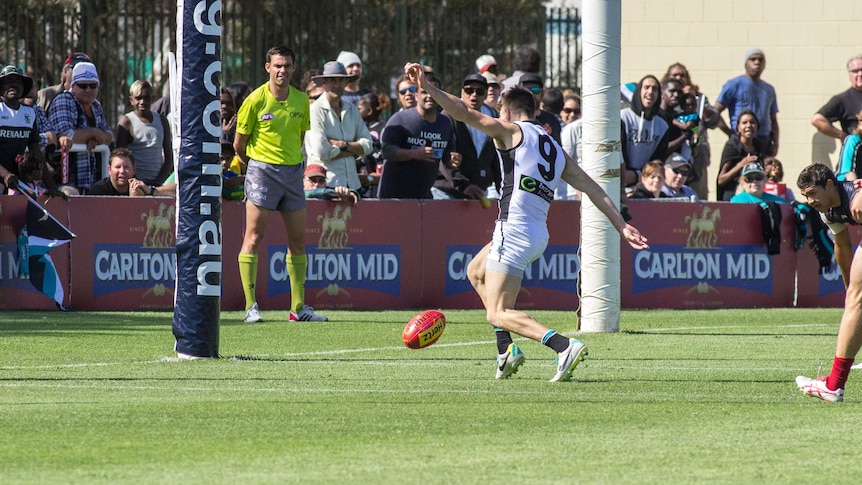 The Power's Robbie Gray goes for goal against Melbourne in Alice Springs on May 31, 2014.