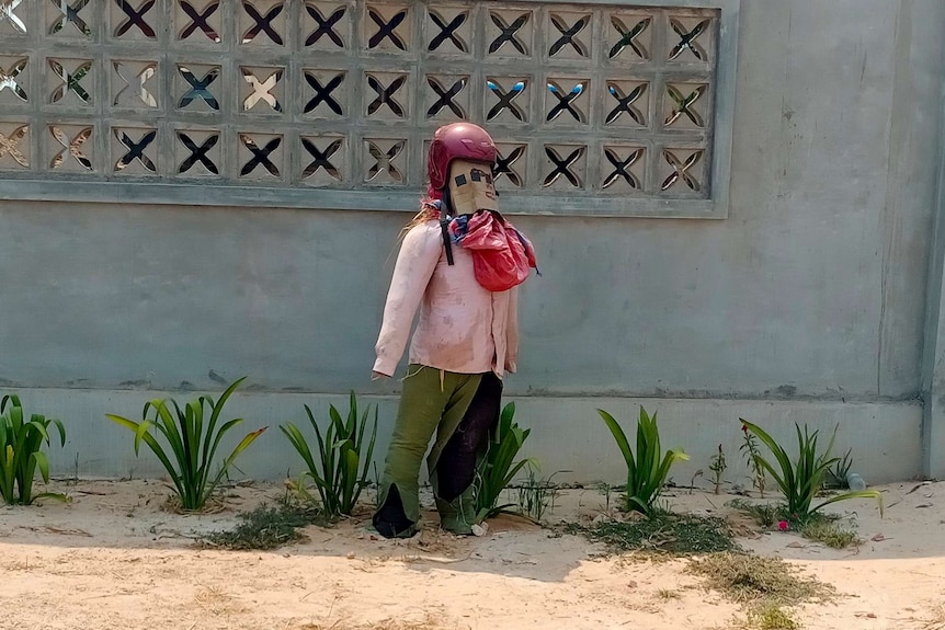 A scarecrow stands in front of a concrete wall with plants at its base.