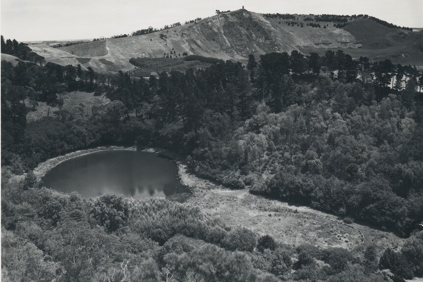 A black and white aerial photo shows a small pool of water at the southern end of the Leg of Mutton Lake, surrounded by forestry