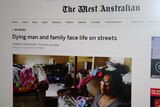 A screenshot of a news story on The West Australian website headlined 'Dying man and family face life on streets'.