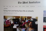 A screenshot of a news story on The West Australian website headlined 'Dying man and family face life on streets'.