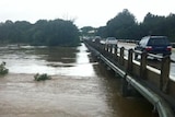 The swollen Mary River flows under the Normanby Bridge at Gympie on March 6.
