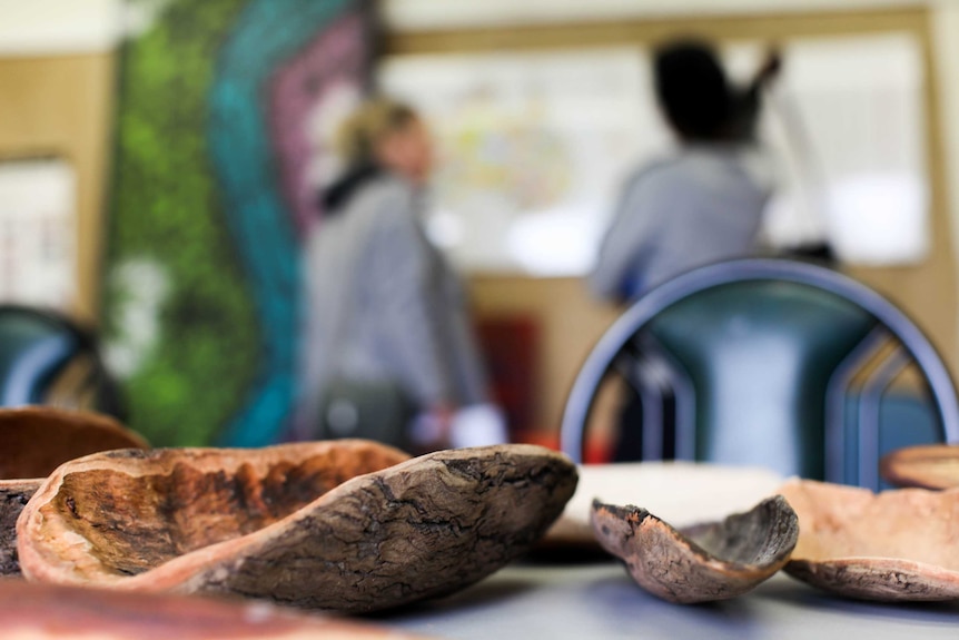 Various examples of traditional Aboriginal tools sit on a table