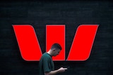 A pedestrian looks at his phone as he walks past a Westpac LOGO