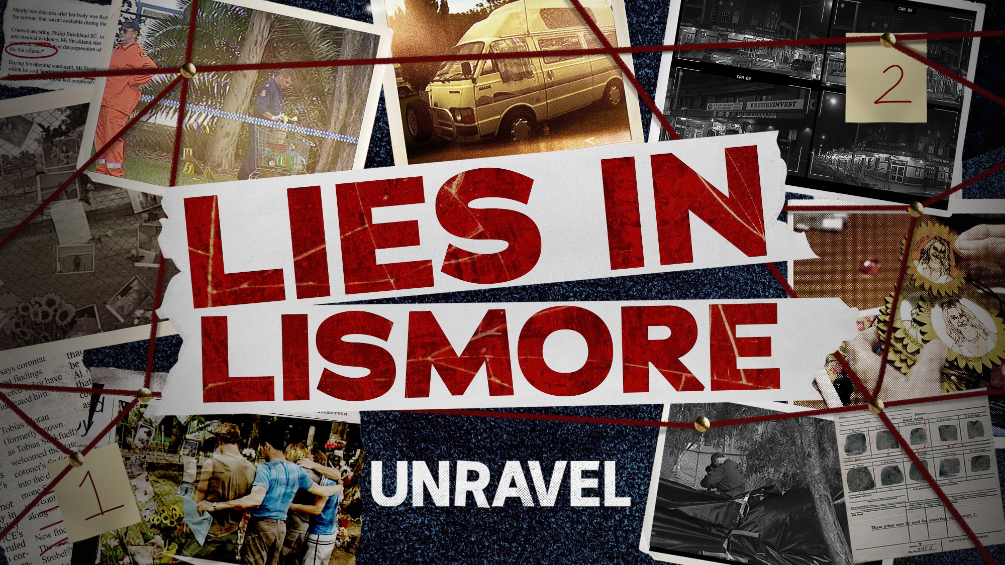 Gritty collage with newspaper clippings, red strings, photos, and bold text reading LIES IN LIES MORE and UNRAVEL