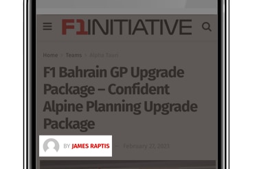 A screenshot of an article on F1 Initiative with the byline, saying "James Raptis", highlighted