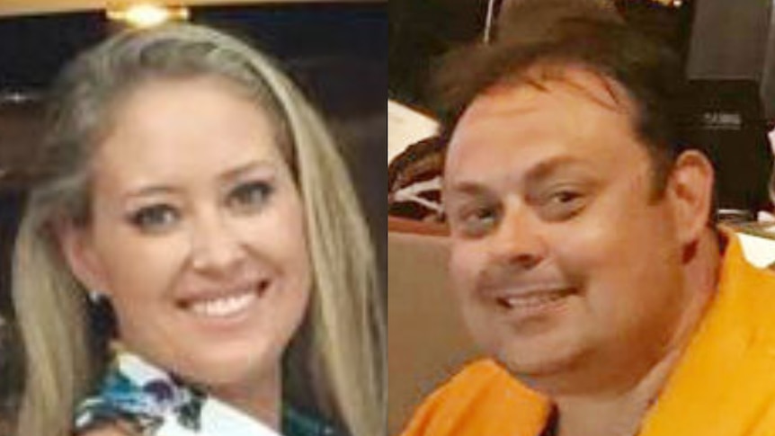 A composite image of a woman and a man smiling.