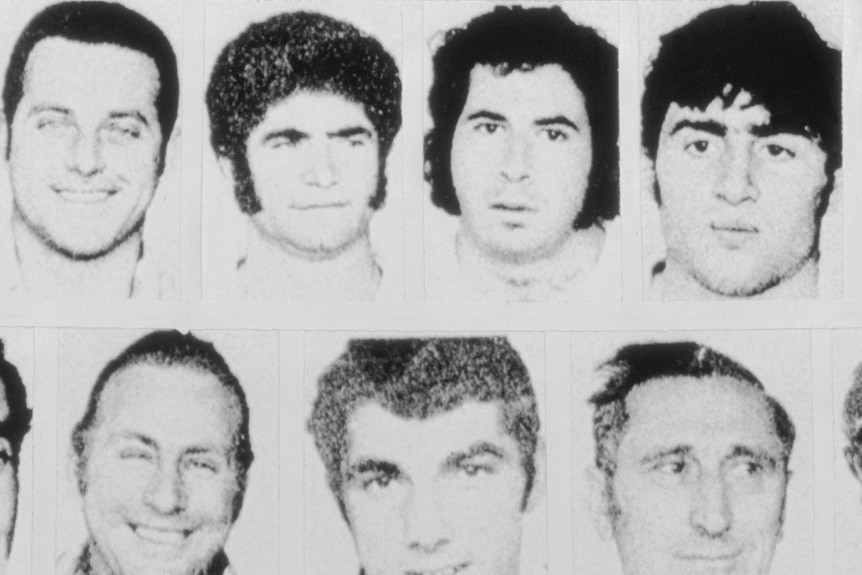 A collation of portrait photos of the 11 Israeli team members murdered at the 1972 Olympics.