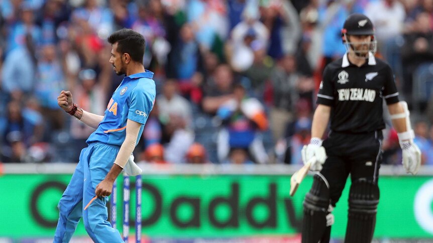 Yuzvendra Chahal pumps his fist in the foreground as Kane Williamson looks sad in the background.
