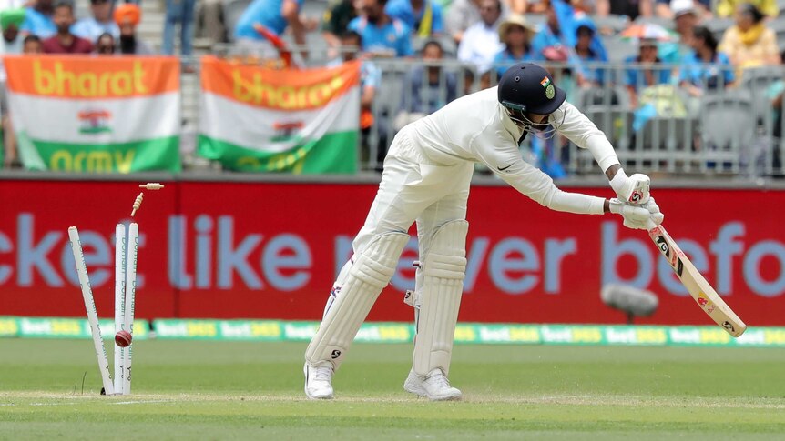 Lokesh Rahul of India is bowled by Josh Hazlewood of Australia in Perth.