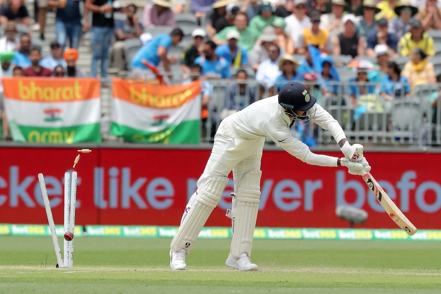 Lokesh Rahul of India is bowled by Josh Hazlewood of Australia in Perth.