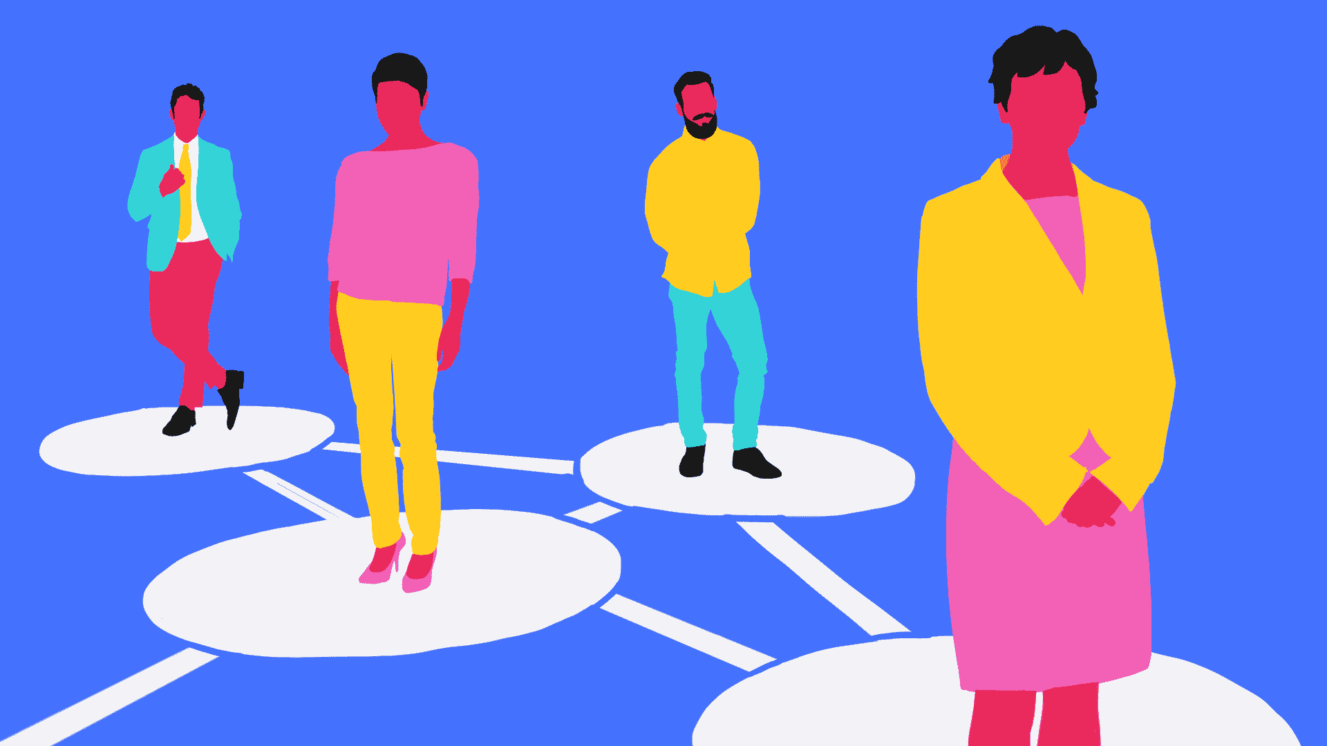 Illustration of a network of people standing on platforms to illustrate networking and how to make it better.