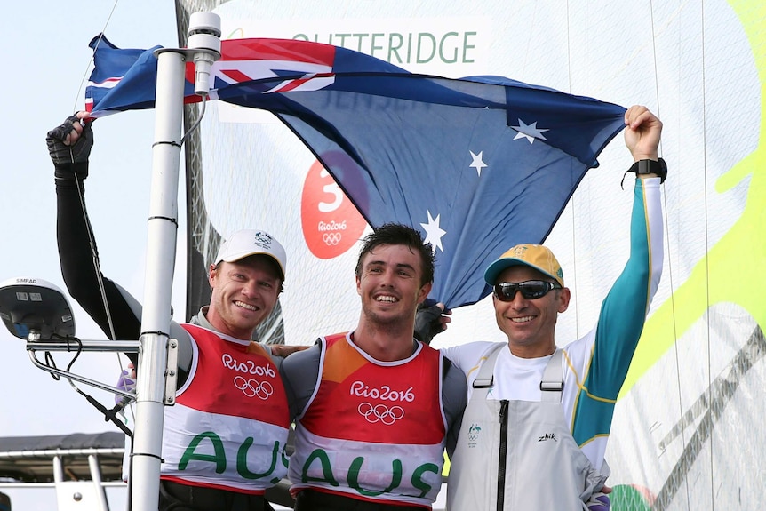 Nathan Outteridge and Iain Jensen celebrate 49er silver