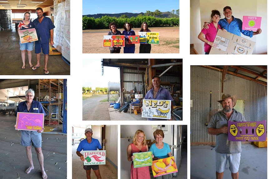 Composite of photos of farmers holding fruit boxes
