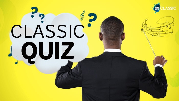 A conductor with their back to the camera holding up their baton. The words "Classic Quiz."
