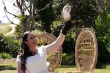 A smiling bride with long brown hair holds up her arm. A white barn owl in perched on her hand.