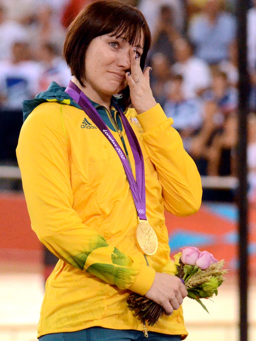 Anna Meares sheds a tear on the podium at the London 2012 Olympic Games after winning gold.