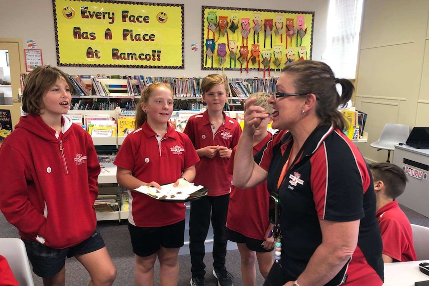 A primary school teacher eats a chocolate-coated insect in front of a group of students.