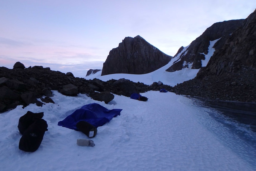 Survival training at Mawson Base has staff spend the night in the snow in a small thermal bag nicknamed chip packets