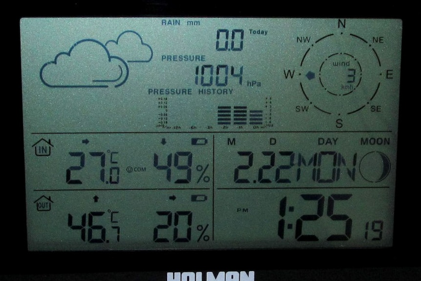 A digital weather station shows a temperature of 46.7 degrees.