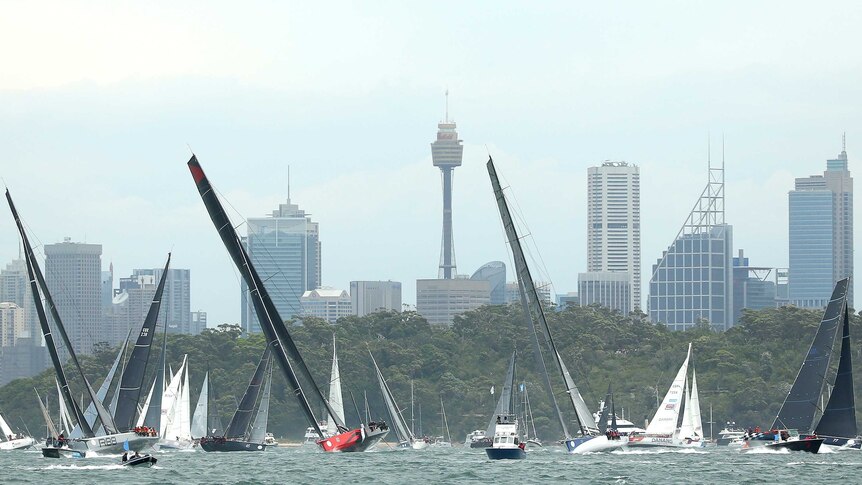 Water level view of yachts at the start of the 2015 Sydney to Hobart with the Sydney skyline behind.