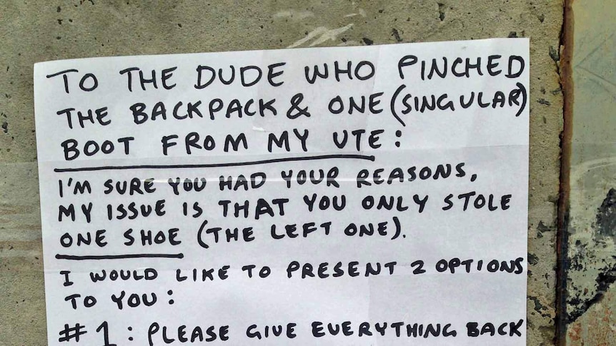 A note taped to a pole addressed to a thief