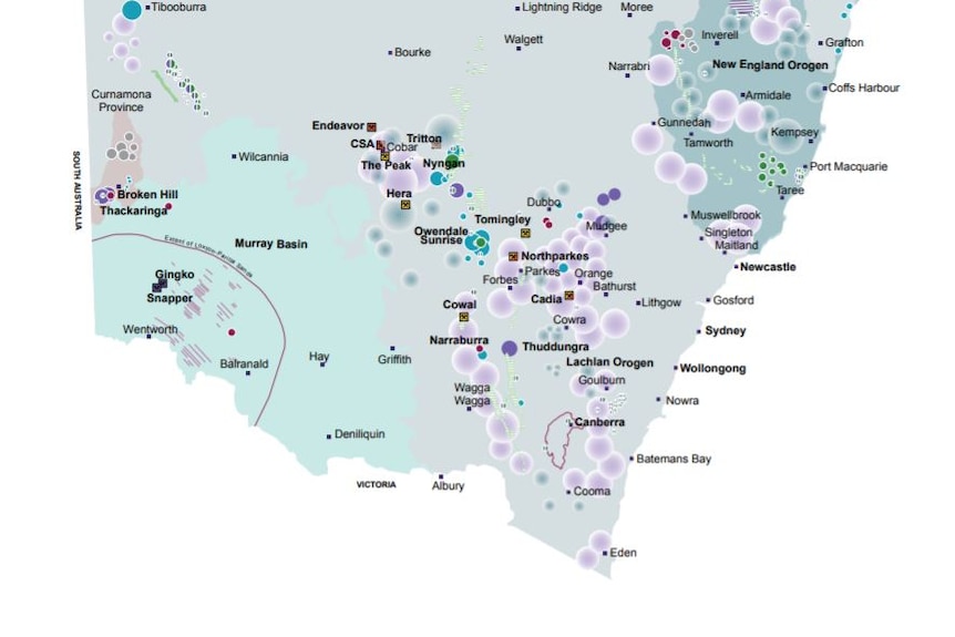 Un mapa que muestra diferentes depósitos de minerales y metales alrededor de Nueva Gales del Sur