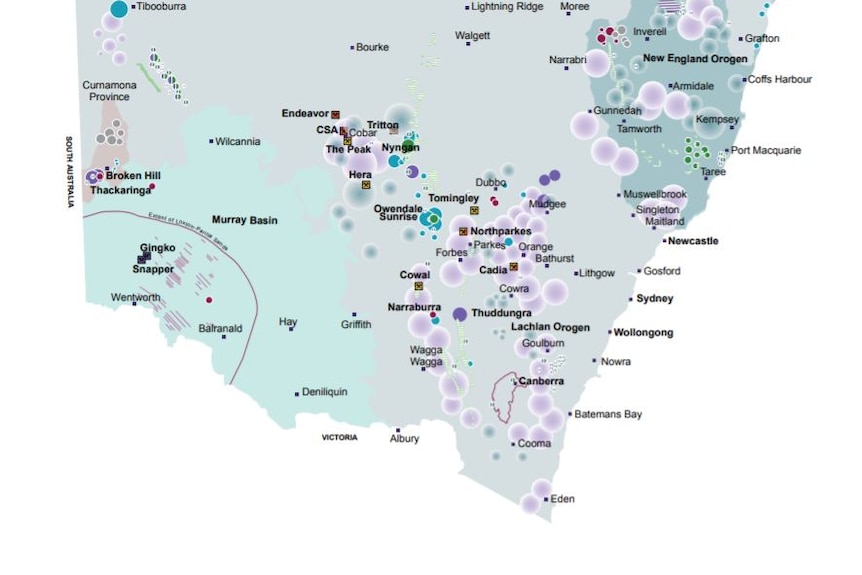 显示新南威尔士州周围各种矿物和矿藏的地图