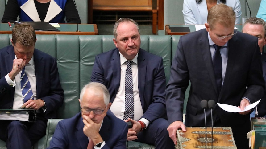 Barnaby Joyce stares into the middle distance and bites his lip in the House of Representatives.