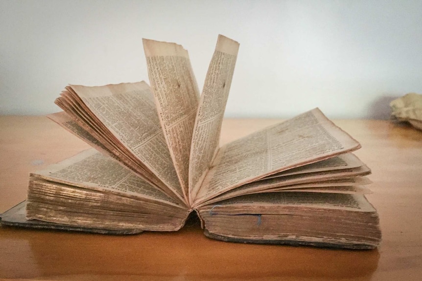 An old book with open pages.