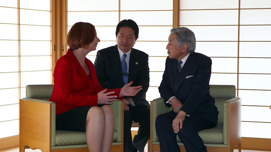 Prime minister Julia Gillard (l) meets with Japan's Emperor Akihito