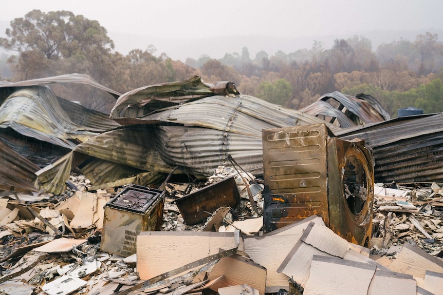 The charred remains of a burnt home.