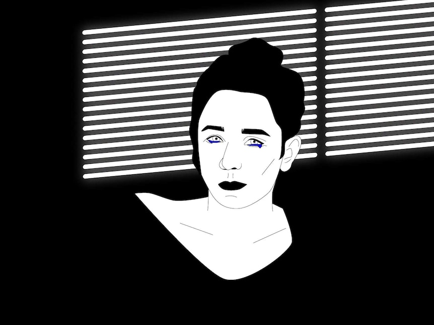 A black and white illustration of a woman crying.