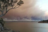 A bushfire burns towards the Glenmaggie caravan park in the Gippsland region of Victoria