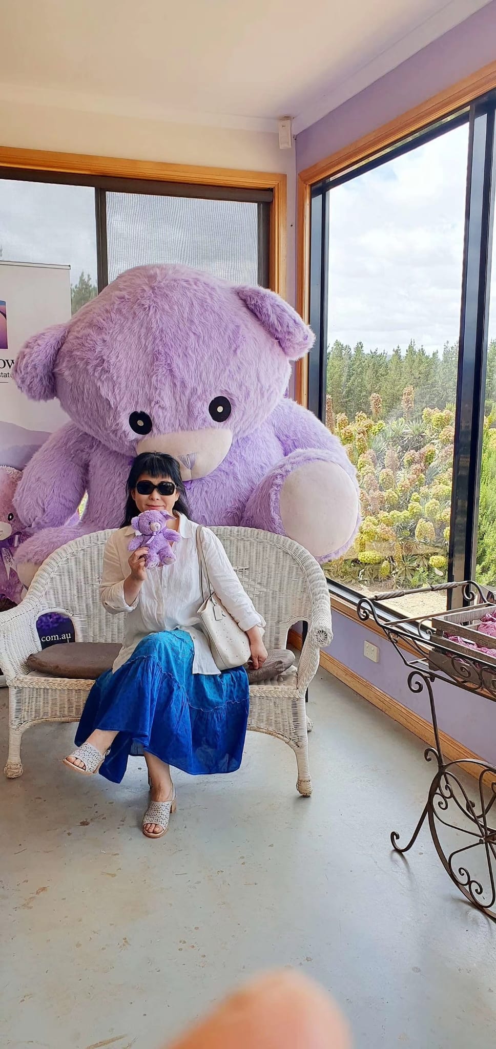 一位戴着太阳镜的女子坐在椅子上，手里抱着一只紫色泰迪熊。