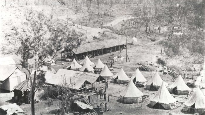 A black and white 1869 photographer of the surveyors' camp at Port Darwin