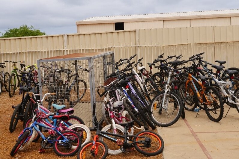 Dozens of bikes from small childrens to adults sizes lined up 