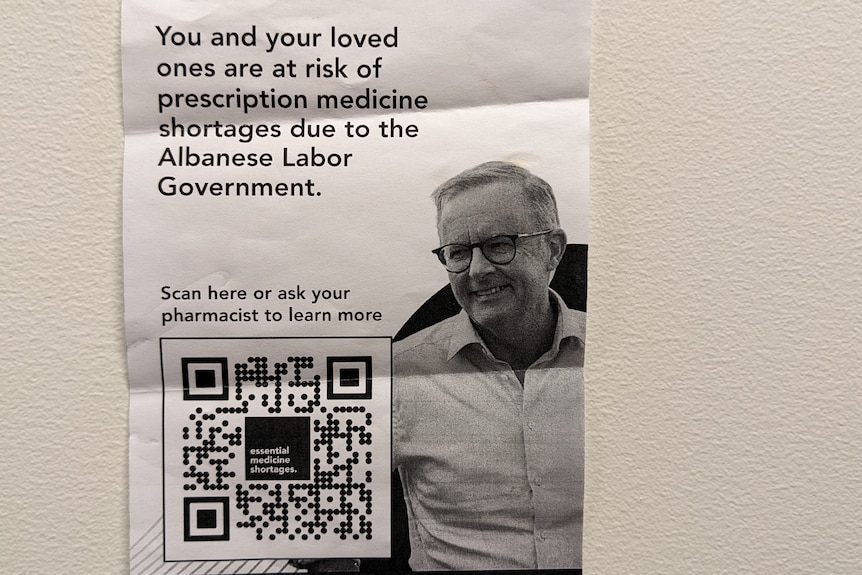 A black and white pamphlet saying 'you and your loved ones are at risk of prescription medicine shortages due to the Albanese L