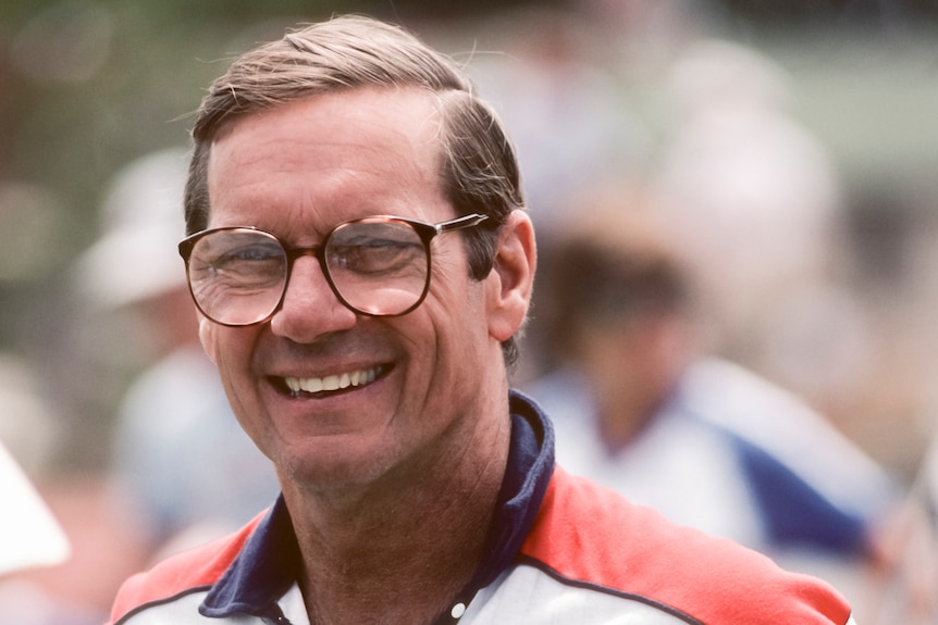 A photo of William E Simon, former president of the United States Olympic Committee, in 1983.