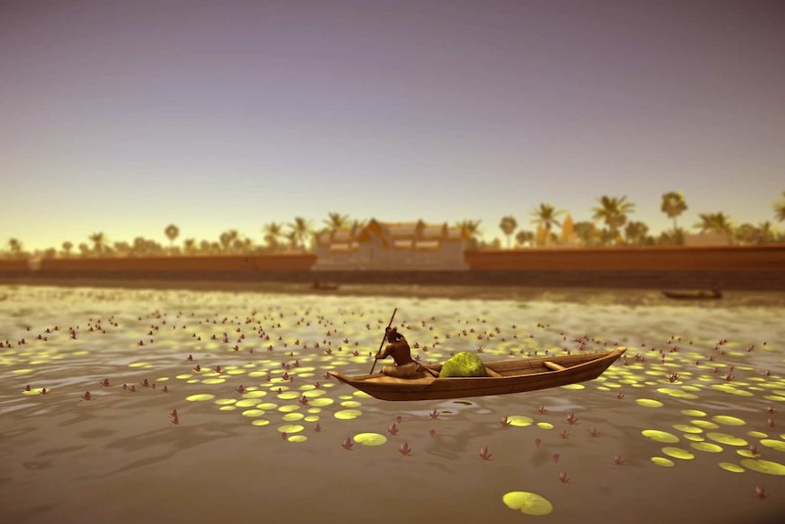 A 3D rendering of an Angkorian fishing in a boat in one of Angkor Wat's four moats.