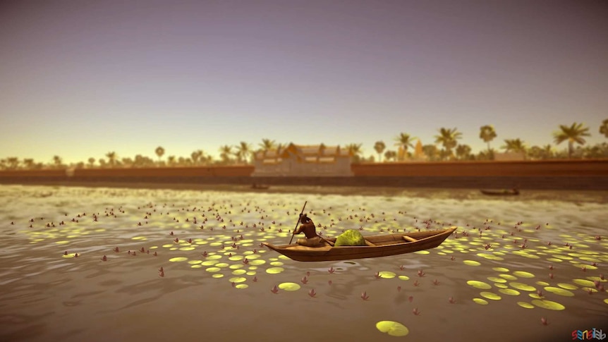 A 3D rendering of an Angkorian fishing in a boat in one of Angkor Wat's four moats.