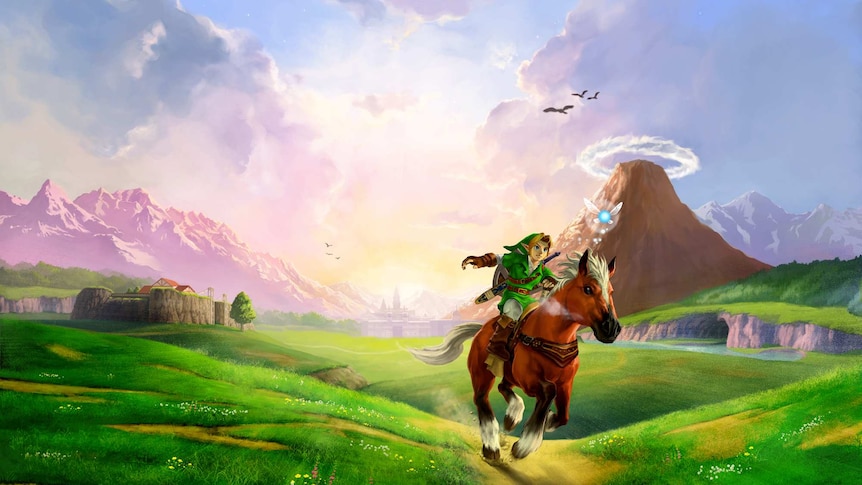 A young man with elf-like features, dressed in green, rides on a horse through a magical pasture.