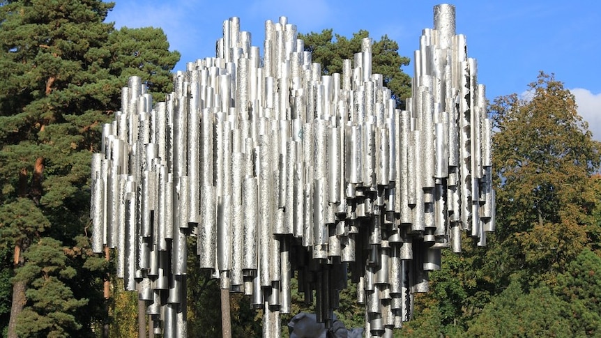 Silver cylinders in the shape of a sound wave make up the Sibelius memorial in Helsinki