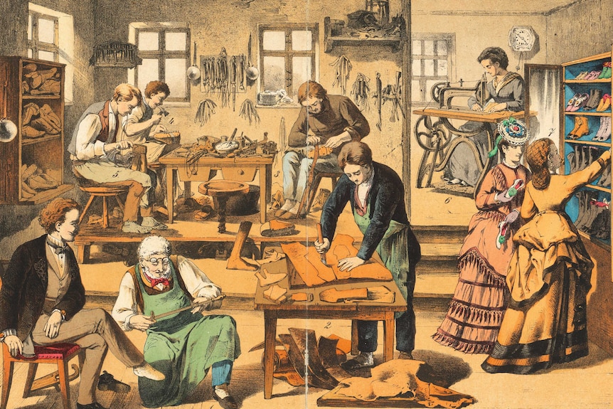 A coloured lithograph of a shoemaker's workshop around 1860, an older man measures a man's foot in the foreground.