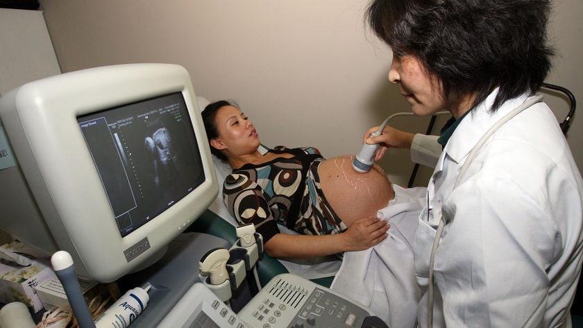 Medical staff conduct ultrasound tests on a pregnant woman